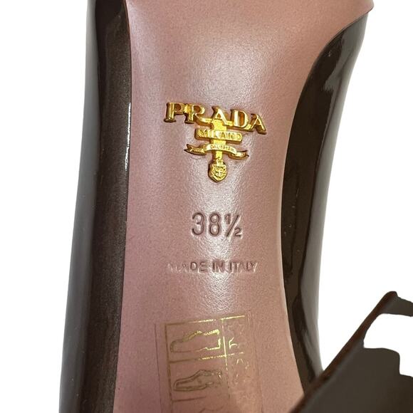 Prada Womens Pantent Leather Napa Silk Sasso Brown Peep Toe Heels With Box 38.5 - Picture 11 of 16